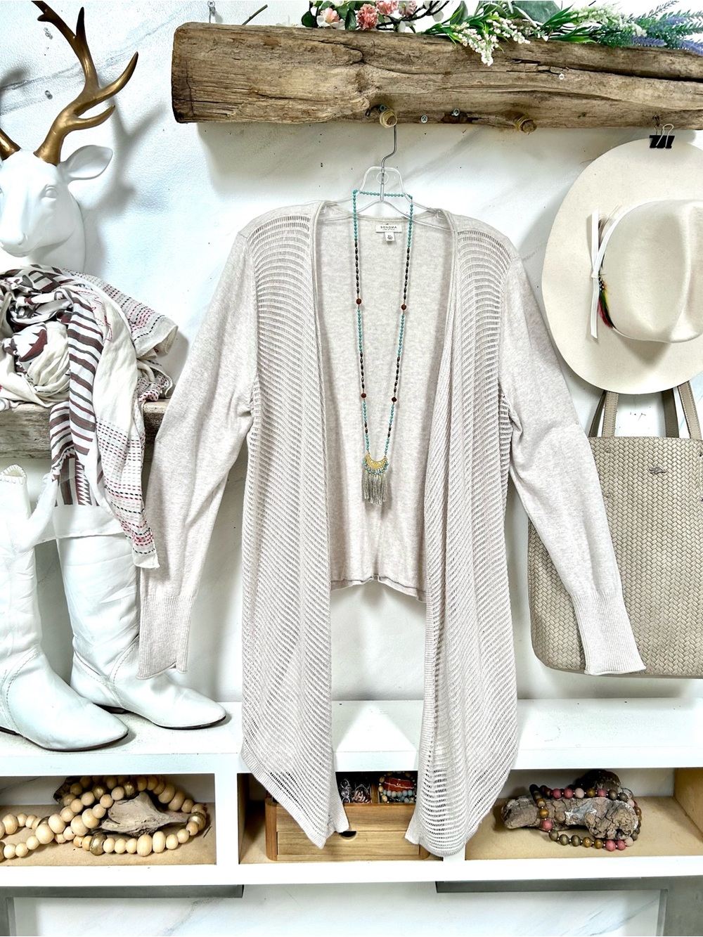 Sonoma Light Beige Open Front Women's boho asymmetrical Cardigan